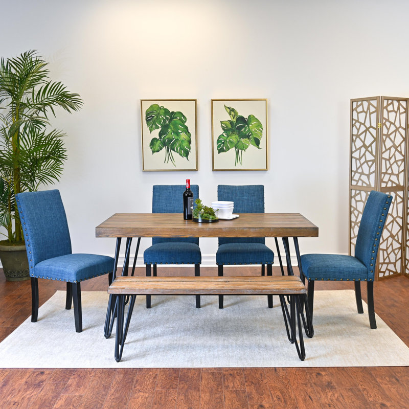 6 Piece Dining Set Hairpin Dining Table with 4 Chairs and A Wood Bench George Oliver Chair Color Blue